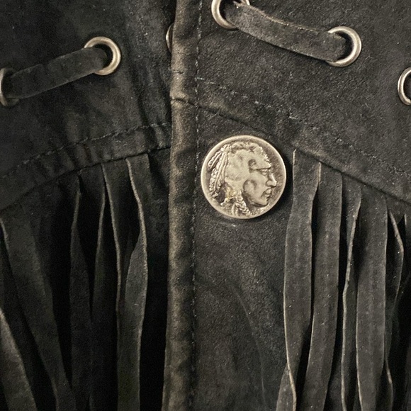 VNTG WILSON BLACK FRINGE WESTERN LEATHER JACKET W/SILVER INDIAN HEAD SNAPS - Picture 9 of 16